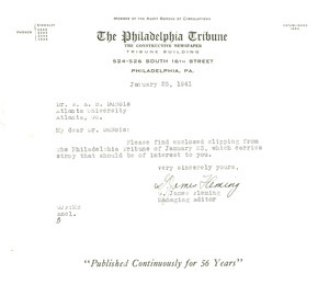 Letter from Philadelphia Tribune to W. E. B. Du Bois