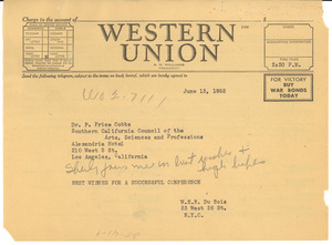 Telegram from W. E. B. Du Bois to Southern California Council of Arts, Sciences, and Professions