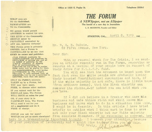 Letter from The Forum to W. E. B. Du Bois