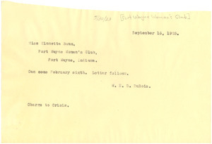 Copy of telegram from W. E. B. Du Bois to Fort Wayne Women's Club