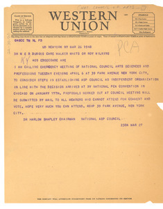 Telegram from National Council of Arts, Sciences and Professions to W. E. B. Du Bois