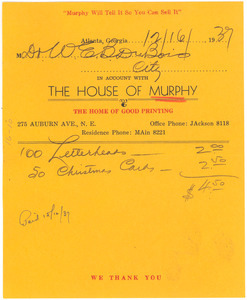 Invoice from H. S. Murphy Printing Company to W. E. B. Du Bois