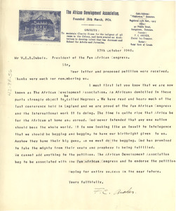 Letter from African Development Association to W. E. B. Du Bois