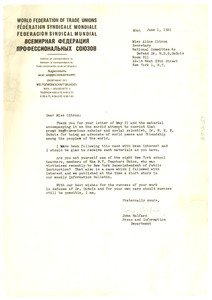 Letter from World Federation of Trade Unions to National Committee to ...