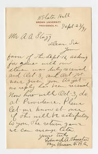 Letter to Amos Alonzo Stagg from Brown University dated September 23, 1891.