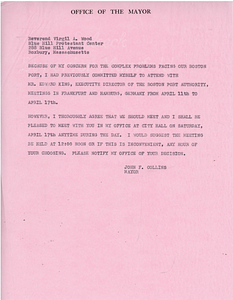 Mayor John Collins letter to Reverend Virgil A. Wood of the Blue Hill Protestant Center