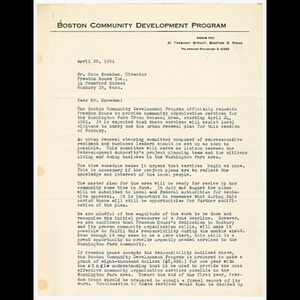 Letter from Charles W. Liddell to Mr. Otto Snowden about Freedom House providing community organization services for the Washington Park urban renewal area