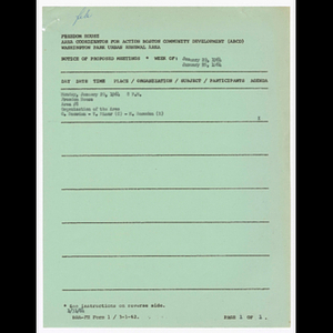 Agenda, minutes and attendance list for area #8 (Hazelwood Street, Munroe Street, Silva Place and Townsend Street) meeting on January 20, 1964