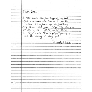 Letter to Boston from a student at Dunn Elementary School (Arlington, Texas)