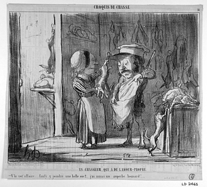 Un CHASSEUR QUI A DE L'AMOUR-PROPRE. - V'la vot'affaire... faut'y y joindre une belle oie?.. j'ai aussi un superbe homard!...