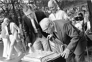 Mayor Raymond L. Flynn and Kathy Flynn with unidentified man at birthday party