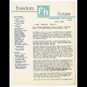 Memorandum to Roxbury community leaders, workers, residents from O. Phillip Snowden, Freedom House, Inc. about transfer of liquor license