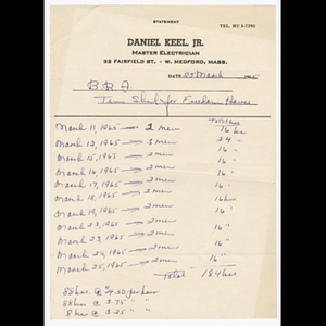 Time sheet from Daniel Keel Jr. for work done on Pilot House/178 Humboldt Avenue, March 11-25, 1965