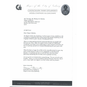 Letter of sympathy and condolence sent to the city of Boston by the mayor of Galway, Ireland