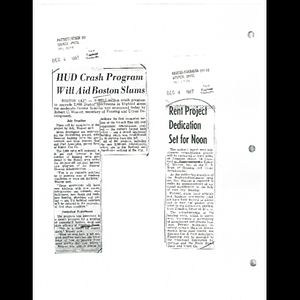 Photocopy of Patriot Ledger article, HUD crash program will aid Boston slums; and Record-American article, Rent project dedication set for noon