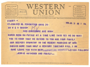 Telegram from Jessie Hathcock to W. E. B. Du Bois