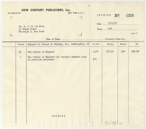 Invoice from New Century Publishers, Inc. to W. E. B. Du Bois