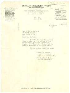 Letter from Phyllis Wheatley House to W. E. B. Du Bois