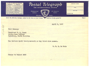 Telegram from W. E. B. Du Bois to Livingstone College