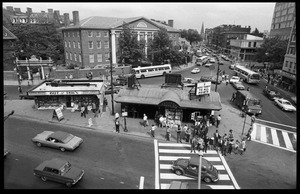 Harvard Square: bird's-eye view of news kiosk, subway station, and intersetion, looking east along Massachusetts Avenue