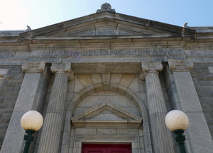 Belding Memorial Library: columns and architectural details at front entrance