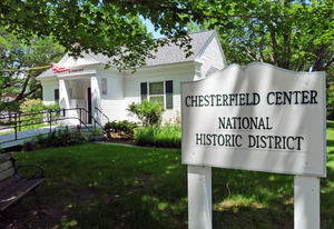 Chesterfield Public Library: view of sign for Chesterfield Center National Historic District with library in the background