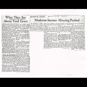 Photocopies of Boston Globe articles, What they say about Ford Grant, and, Moderate income housing pushed
