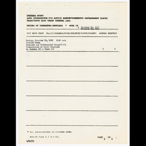 Agenda, minutes and attendance list for business and professional group of the Washington Park urban renewal area (WPURA) meeting on November 18, 1962