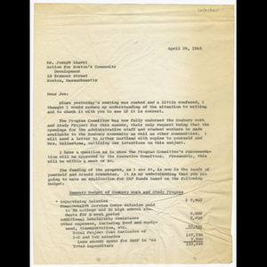 Letters to Joseph Slavet about staff openings and budget for 1965 Roxbury Work and Study Project