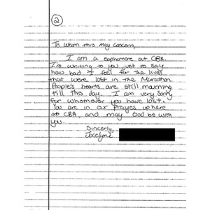 Letter from a student at Christian Brothers Academy (Syracuse, New York)