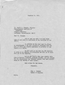 Letter to Dr. Gerald P. Dinneen, from Paul E. Tsongas