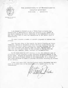 Letter from Michael S. Dukakis on the "White Paper on Health Care Expenditures in Massachusetts"