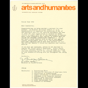 Letter from J. Lindsay Shearer of the Commonwealth of Massachusetts Council on the Arts and Humanities about financial paperwork for grant