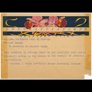 Telegram from Raymond A. Heron, Suffragan Bishop in the Episcopal Church, to Freedom House