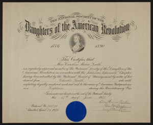 Daughters of the American Revolution membership certificate, 1925