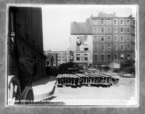 Space occupied by beams piled on west side of Custom House, India Street, Boston, Mass.