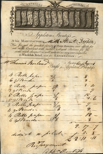 Billhead for Appleton Prentiss, paper hangings, Milk Street, Boston, Mass., dated August 29, 1791