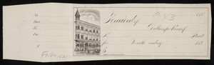 Check sample, exterior view of unidentified building, Fred. W. Barry, stationer and bookseller, Washington, corner of Elm Street, Boston, Mass., 1880s