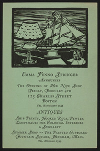 Trade card for Emma Fenno Stringer, antiques, 125 Charles Street, Boston, Mass., undated