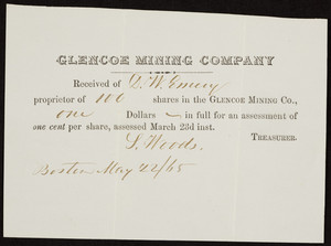Stock certificate for the Glencoe Mining Company, Boston, Mass., dated May 22, 1865