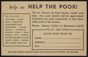 Postcard for The St. Vincent de Paul Society, 1280 Washington Street, Boston, Mass., undated