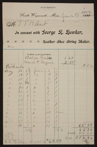 Billhead for George R. Bowker, leather shoe string maker, South Weymouth, Mass., dated June 17, 1902