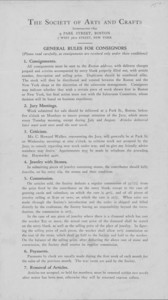 General rules for consignors, The Society of Arts and Crafts, 9 Park Street, Boston, Mass. and 7 West 56th Street, New York, New York, undated