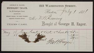 Billhead for George H. Eager, merchant tailor, No. 213 Washington Street, Boston, Mass., dated July 1, 1871