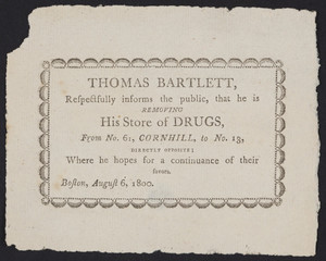 Advertisement for Thomas Bartlett, pharmacist, Boston, Mass., August 6, 1800