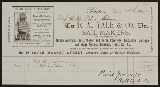 Billhead for R.M. Yale & Co. Dr. sail makers, 29 South Market Street, Boston, Mass., dated May 24, 1877