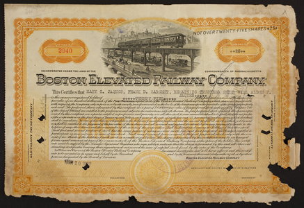 Stock certificate for the Boston Elevated Railway Company, Old Colony Trust Company, Boston, Mass., dated June 20, 1922