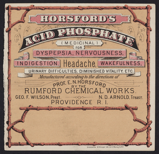 Trade card for Horsford's Acid Phosphate, Rumford Chemical Works, 58, 59, & 60 South Water Street, Providence, Rhode Island, undated