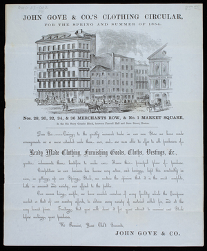 John Gove & Co.'s clothing circular for the spring and summer of 1854, Nos. 28, 30, 32, 34, & 36 Merchants Row & No. 1 Market Square, Boston, Mass.