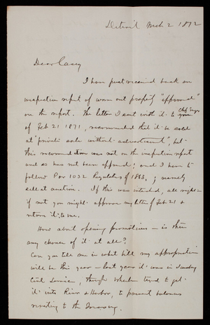 General [Cyrus] B. Comstock To Thomas Lincoln Casey, March 2, 1872 ...